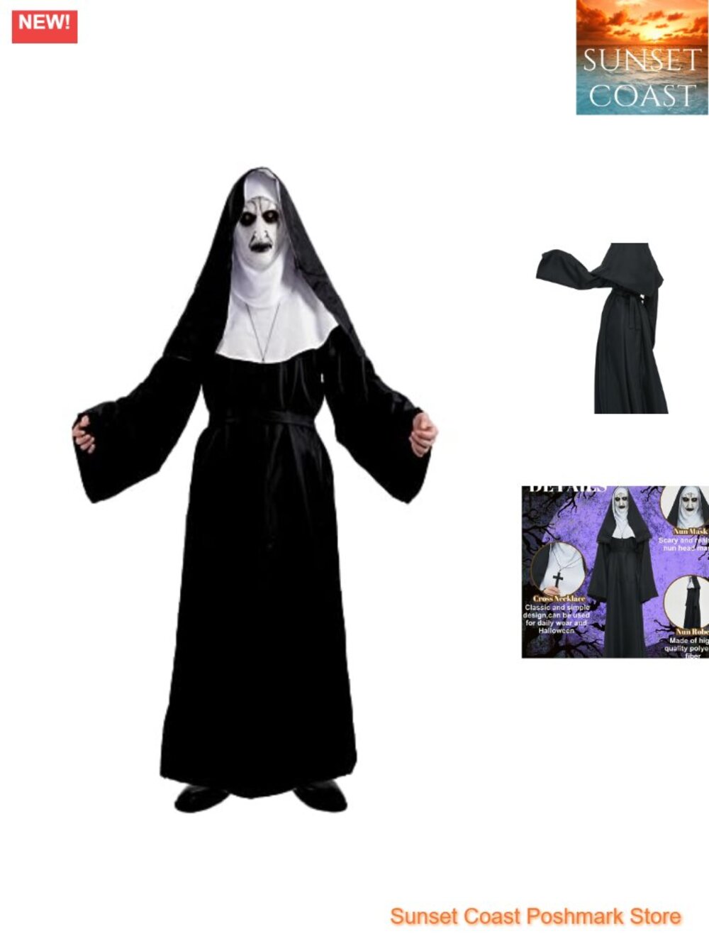 Scary Nun Costume Robe Mask Headpiece Belt Cross Necklace Halloween Cosplay